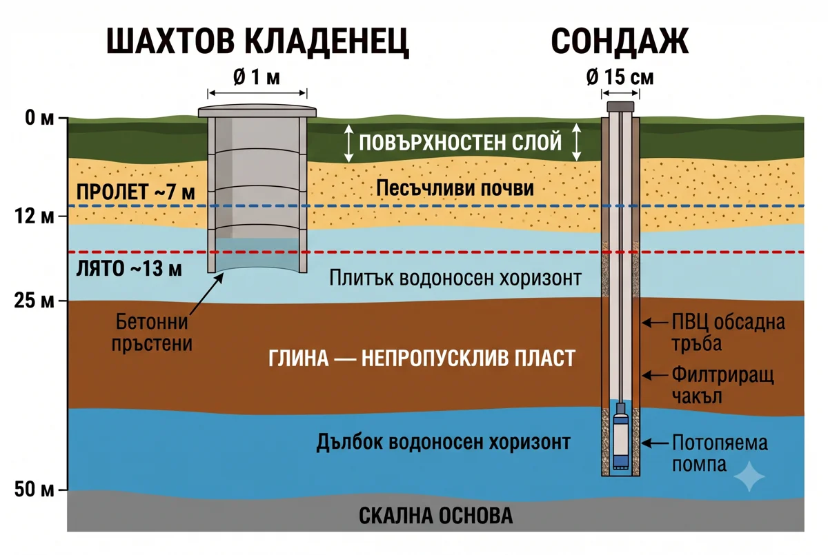 Схема в разрез: шахтов кладенец срещу сондаж
